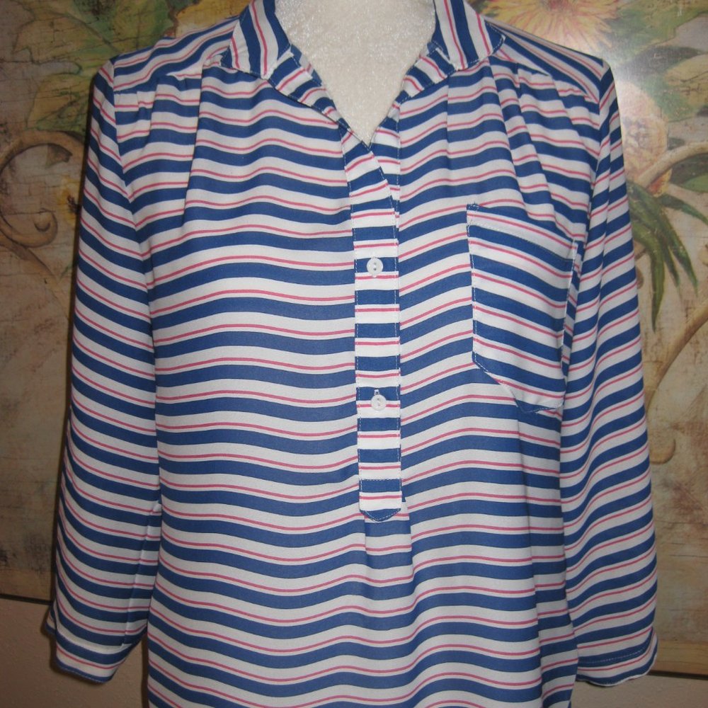 Sz S Anthropologie Maude Red White & Blue Striped Sheer Tunic Shirt